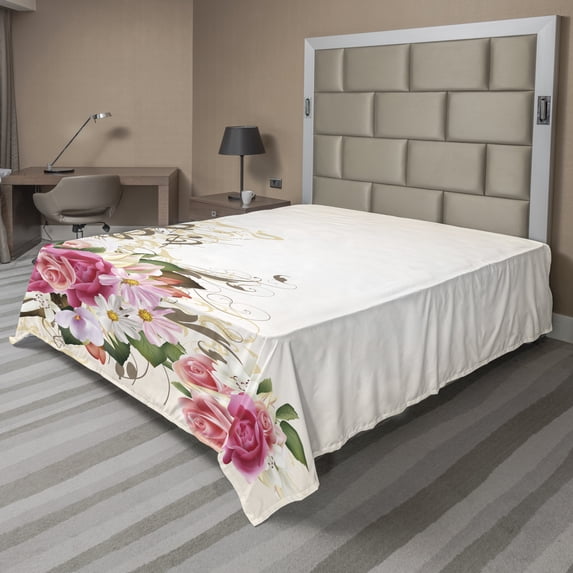 Ambesonne Floral Flat Sheet, Flowers and Music Notes, California King, Eggshell Multicolor
