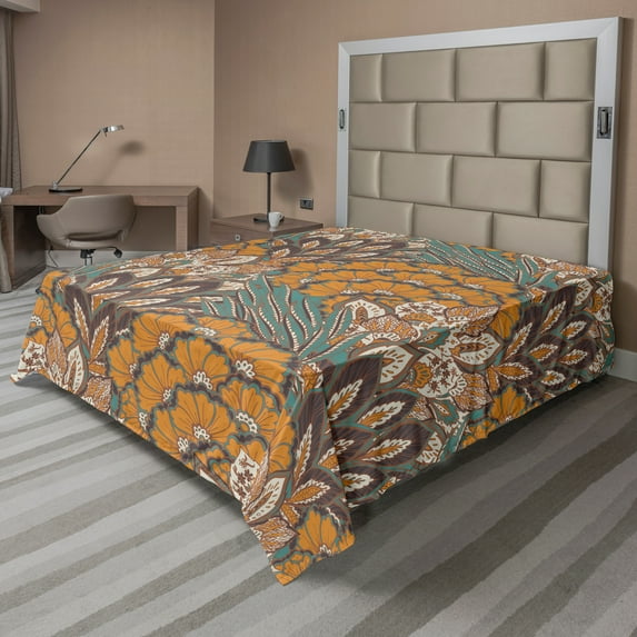 Ambesonne Floral Flat Sheet, Flowers and Peacock, Full Size, Petrol Blue Pale Coffee