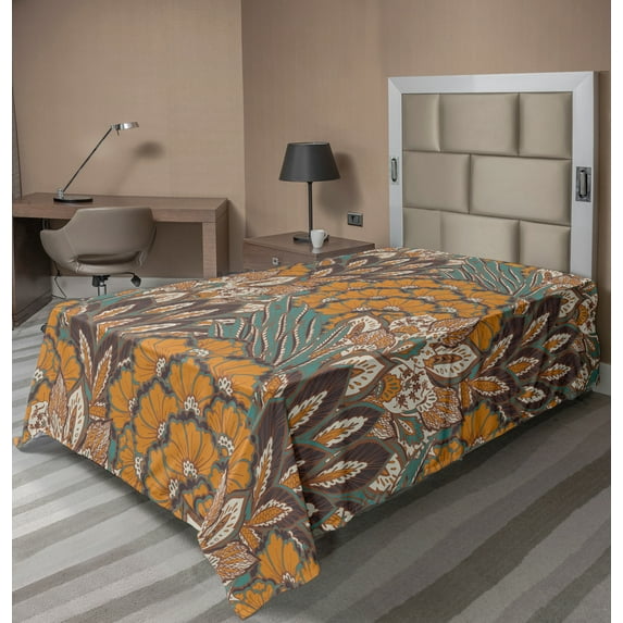 Ambesonne Floral Flat Sheet, Flowers and Peacock, Twin Size, Petrol Blue Pale Coffee