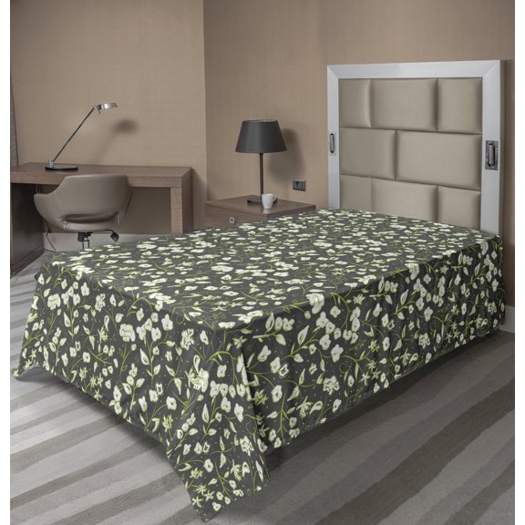 Ambesonne Floral Flat Sheet, Flowers and Swirled Leaves, TwinXL Size, Apple Green White