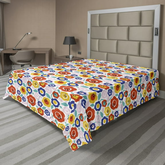 Ambesonne Floral Flat Sheet, Flowers in Colorful Tones, Full Size, Vermilion and Multicolor