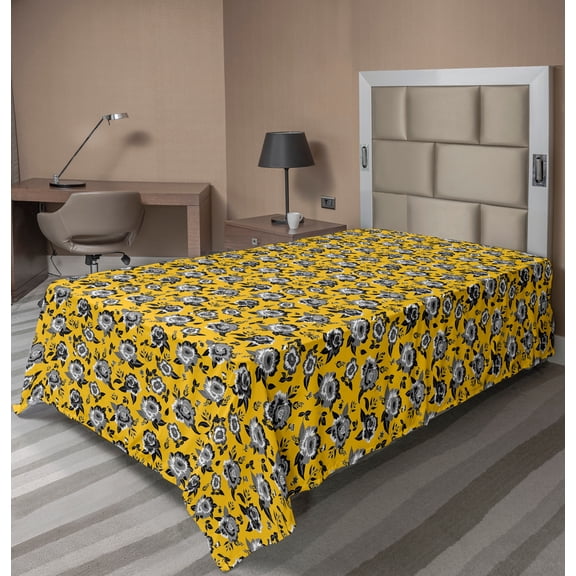 Ambesonne Floral Flat Sheet, Flowers in Greyscale Tones, TwinXL Size, Earth Yellow Grey