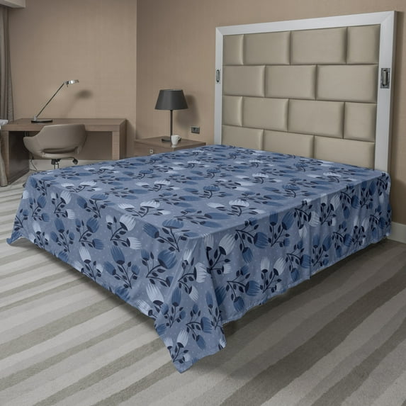 Ambesonne Floral Flat Sheet, Flowers in Pastel Cold Tones, Full Size, Blue Grey and Multicolor