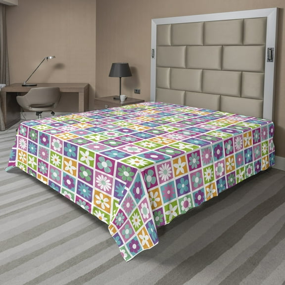 Ambesonne Floral Flat Sheet, Flowers in Squares Motif, King Size, Multicolor