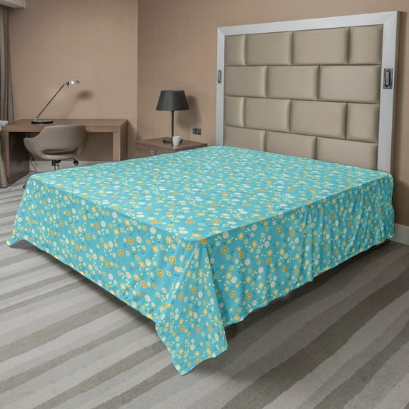 Ambesonne Floral Flat Sheet, Flowers on Stems, Queen Size, Aqua Multicolor