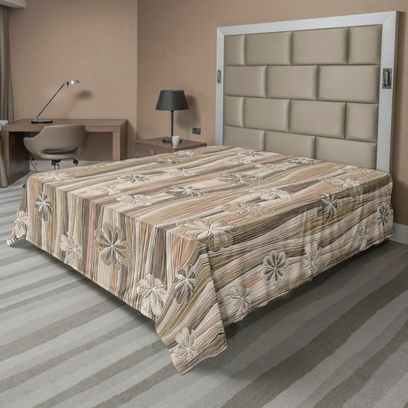 Ambesonne Floral Flat Sheet, Flowers on Wavy Stripes, Full Size, Dark Brown Sand Brown