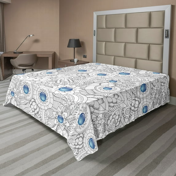 Ambesonne Floral Flat Sheet, Flowers with Blue Dots, Full Size, Black White Blue