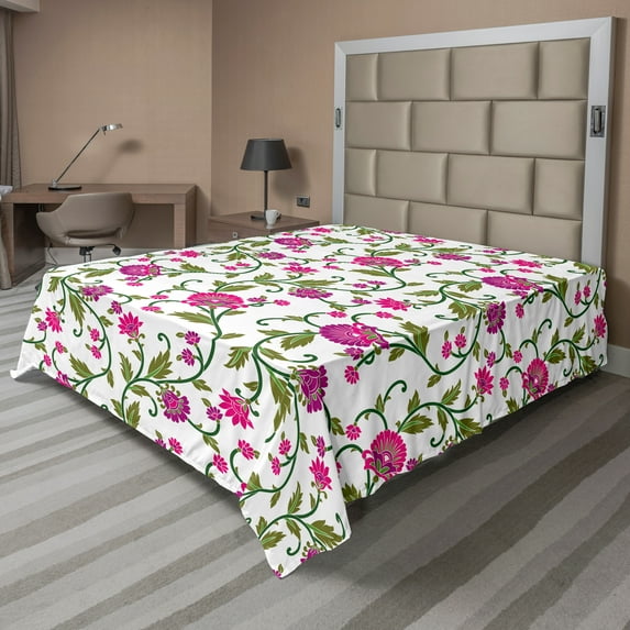 Ambesonne Floral Flat Sheet, Flowers with Curved Branches, King Size, Olive Green and Hot Pink