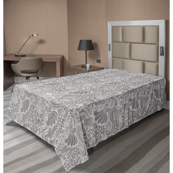 Ambesonne Floral Flat Sheet, Flowers with Leaves, TwinXL Size, Taupe Grey and White