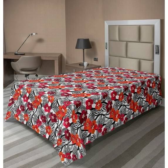 Ambesonne Floral Flat Sheet, Flowers with Striped Leaves, Twin Size, Vermilion Maroon