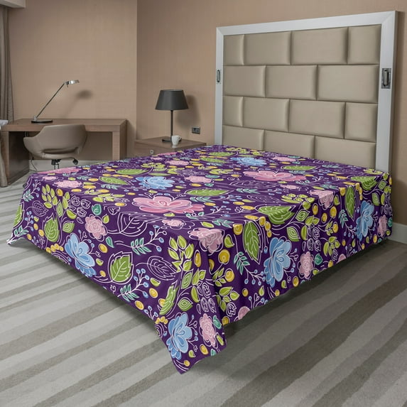 Ambesonne Floral Flat Sheet, Flowers with Yellow Berries, King Size, Sea Blue Lime Green
