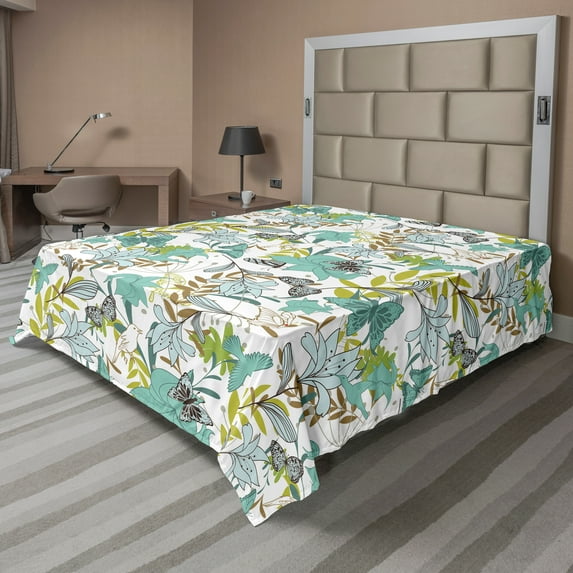 Ambesonne Floral Flat Sheet, Flying Birds Butterflies, Full Size, Yellow Green Caramel