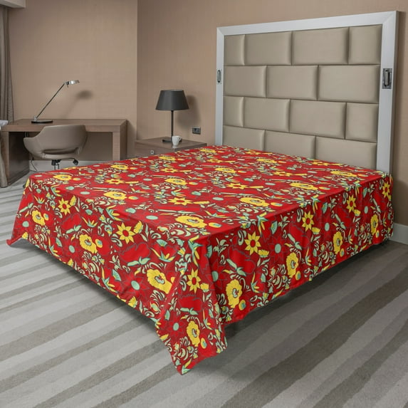 Ambesonne Floral Flat Sheet, Folk Art Style Ethnic Petals, Full Size, Ruby Mustard and Mint Green