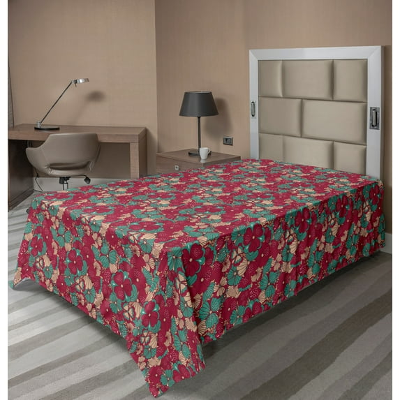 Ambesonne Floral Flat Sheet, Folklore Flowers, TwinXL Size, Peach Dark Coral