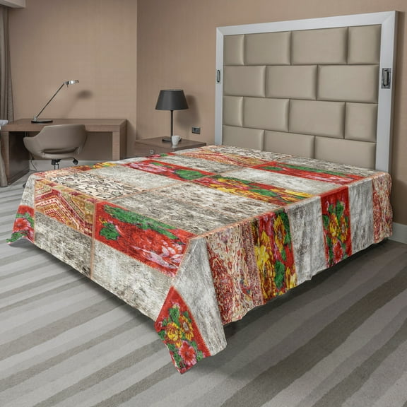 Ambesonne Floral Flat Sheet, Folkloric Grunge Flowers, Queen Size, Taupe Grey Multicolor