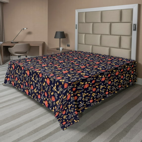 Ambesonne Floral Flat Sheet, Forest Roses Autumn Leaves, California King, Indigo Coral Dark Tan