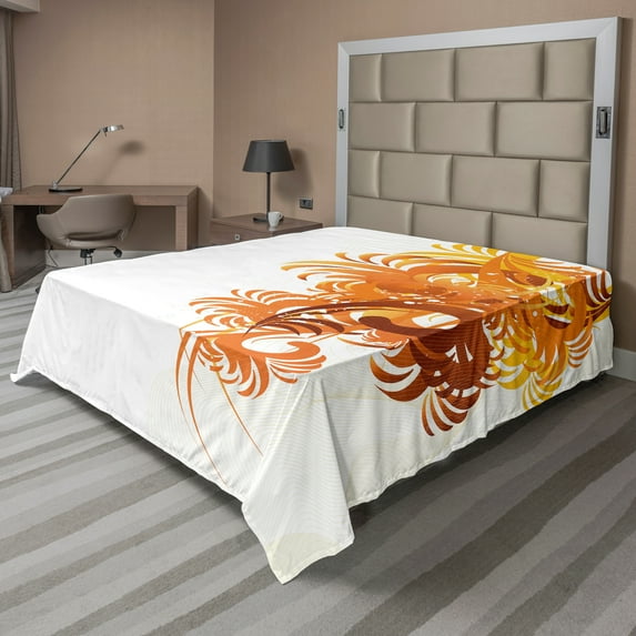 Ambesonne Floral Flat Sheet, Fractal Flower Swirls Art, King Size, Orange Yellow Cream