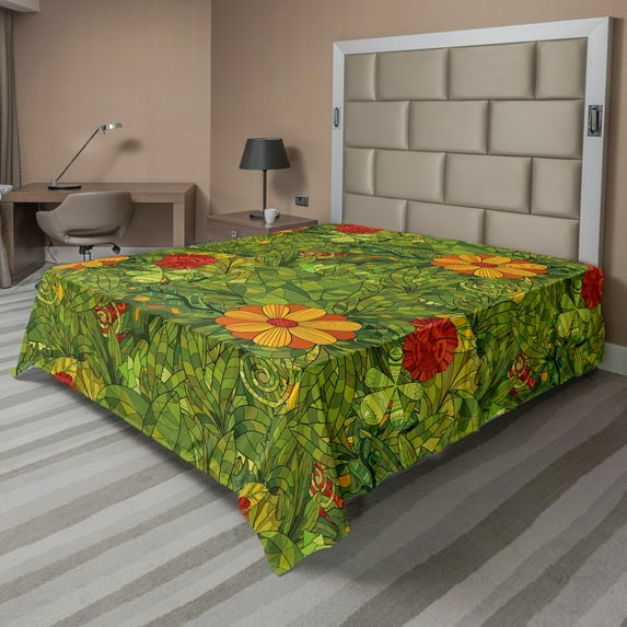 Ambesonne Floral Flat Sheet, Fractal Retro Jungle Art, California King, Olive Green Vermilion