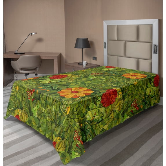 Ambesonne Floral Flat Sheet, Fractal Retro Jungle Art, Twin Size, Olive Green Vermilion