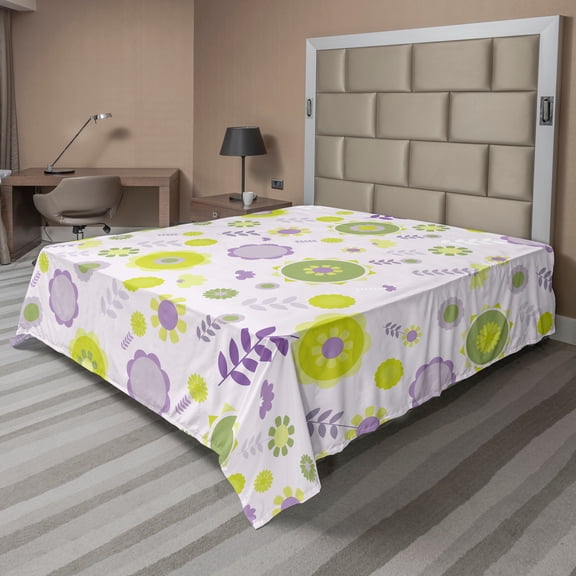 Ambesonne Floral Flat Sheet, Funky Flowers Pattern, Queen Size, Olive Green Apple