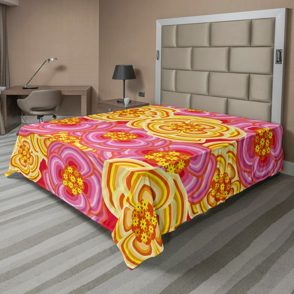 Ambesonne Floral Flat Sheet, Funky Vibrant Flowers, California King, Yellow Pink Orange
