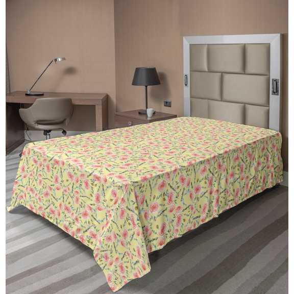 Ambesonne Floral Flat Sheet, Garden Art Romantic Elements, Twin Size, Pale Yellow and Burnt Sienna