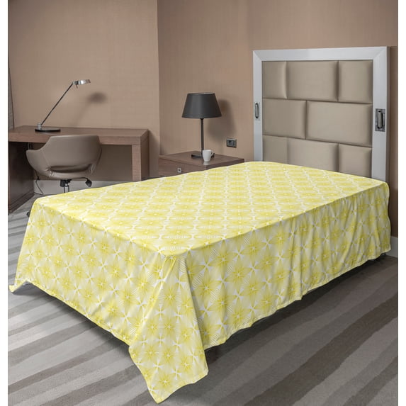 Ambesonne Floral Flat Sheet, Geometric Monochrome Flowers, Twin Size, White and Pastel Yellow