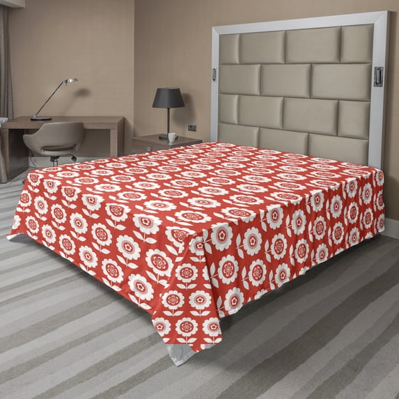 Ambesonne Floral Flat Sheet, Geometric Petal and Leaf, Queen Size, White and Vermilion