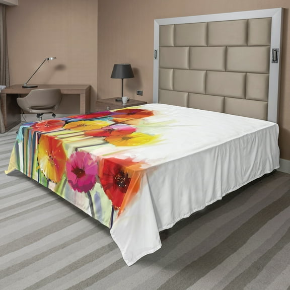 Ambesonne Floral Flat Sheet, Gerbera Flower Romance, King Size, Red Yellow