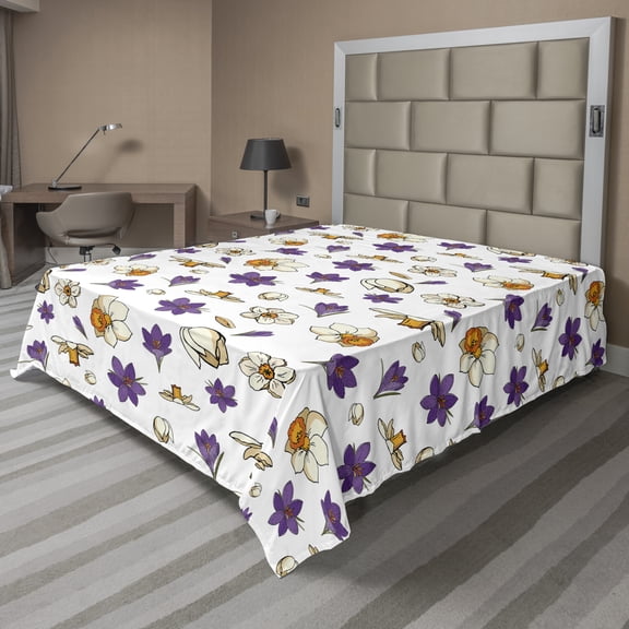 Ambesonne Floral Flat Sheet, Graphic Daffodils Narcissus, Queen Size, Violet Orange