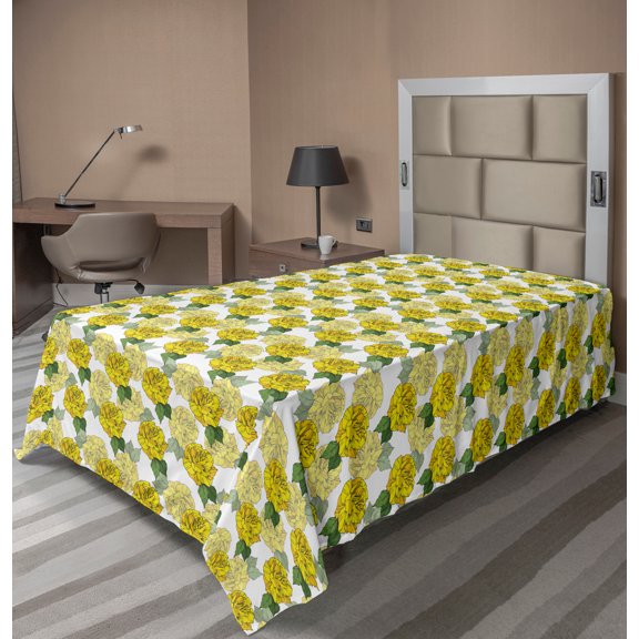 Ambesonne Floral Flat Sheet, Graphical Spring Flowers, Twin Size, Mustard Green White