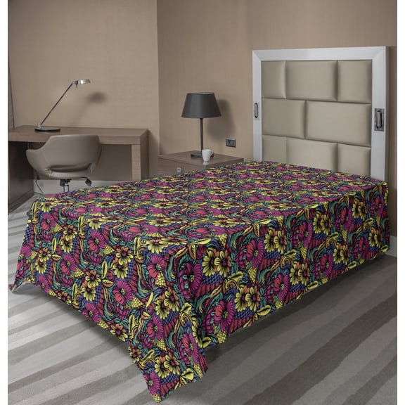 Ambesonne Floral Flat Sheet, Graphical Vibrant Flowers, TwinXL Size, Multicolor