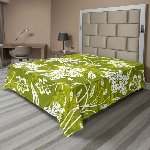 Ambesonne Floral Flat Sheet, Green Flower Pattern, King Size, Pale Green White