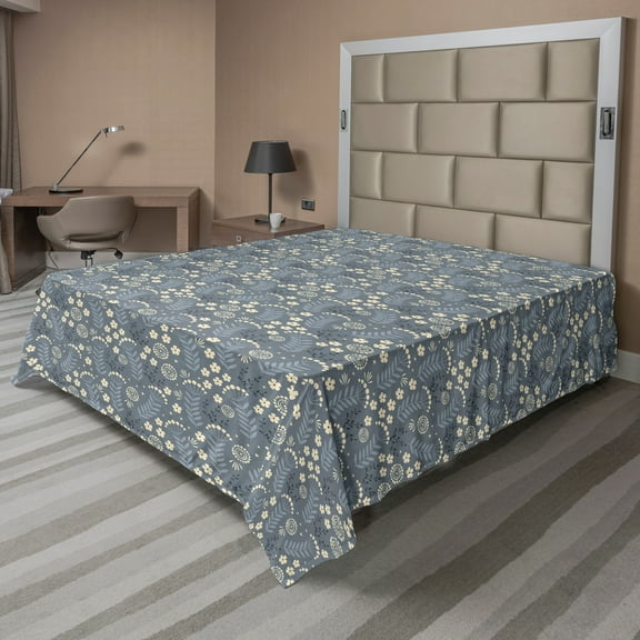 Ambesonne Floral Flat Sheet, Greyscale Simplistic Flowers, King Size, Dark Grey Blue Grey