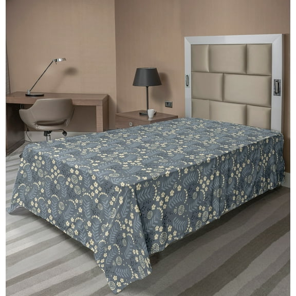 Ambesonne Floral Flat Sheet, Greyscale Simplistic Flowers, Twin Size, Dark Grey Blue Grey