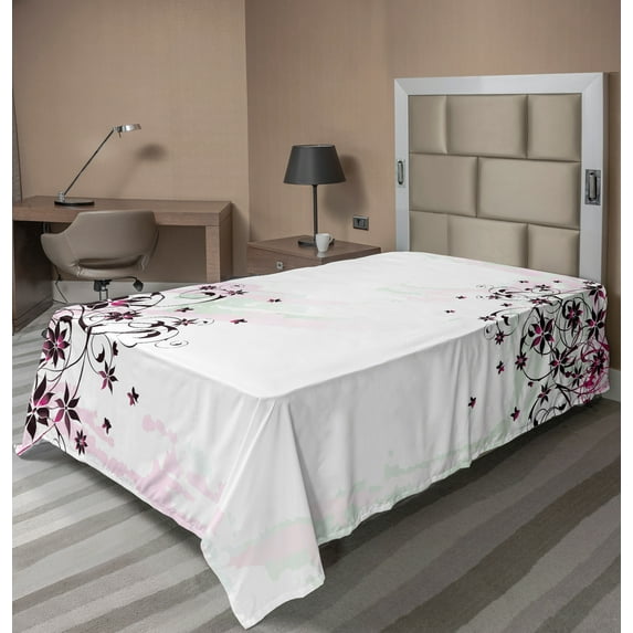 Ambesonne Floral Flat Sheet, Grunge Flower Motif Leaf, TwinXL Size, Black Pale Pink Mint