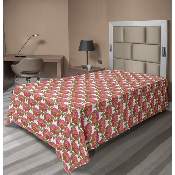 Ambesonne Floral Flat Sheet, Hand Drawn Flowers Blossom, TwinXL Size, Pink Caramel