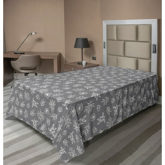Ambesonne Floral Flat Sheet, Hand Drawn Plants Layout, Twin Size, Grey and White