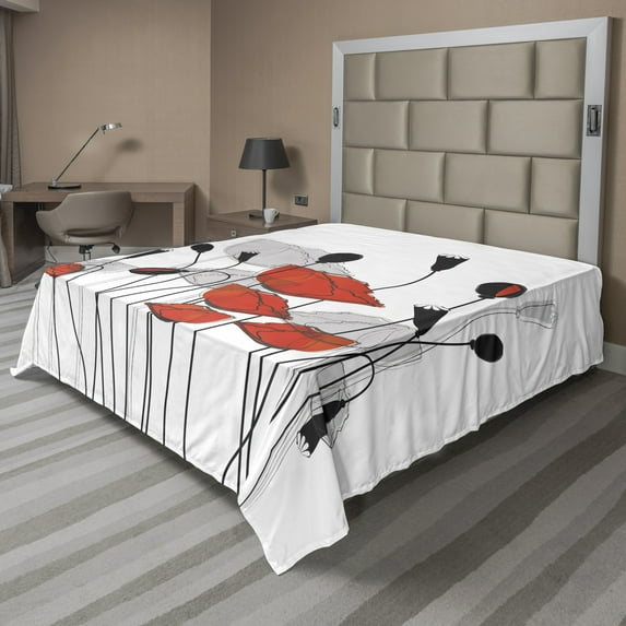 Ambesonne Floral Flat Sheet, Hand Drawn Poppy Flowers, Full Size, Vermilion Black