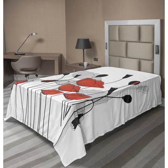Ambesonne Floral Flat Sheet, Hand Drawn Poppy Flowers, TwinXL Size, Vermilion Black