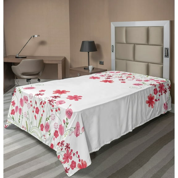 Ambesonne Floral Flat Sheet, Herbs Blossoms Bridal, Twin Size, Pink Green White