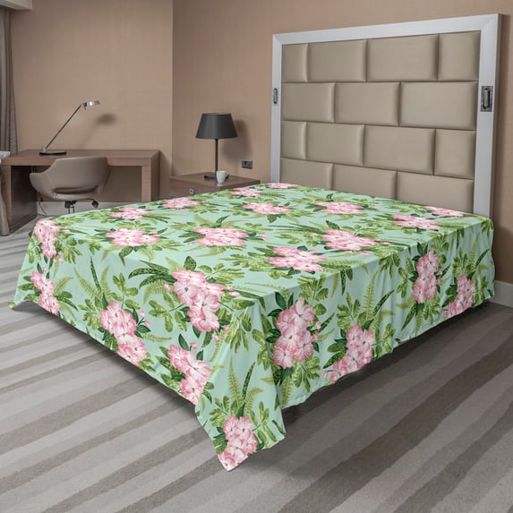 Ambesonne Floral Flat Sheet, Hibiscus Blooming Bouquets, California King, Olive Green Seafoam Pink