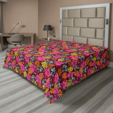 Ambesonne Floral Flat Sheet, Hibiscus Flowers and Tigers, Queen Size, Multicolor