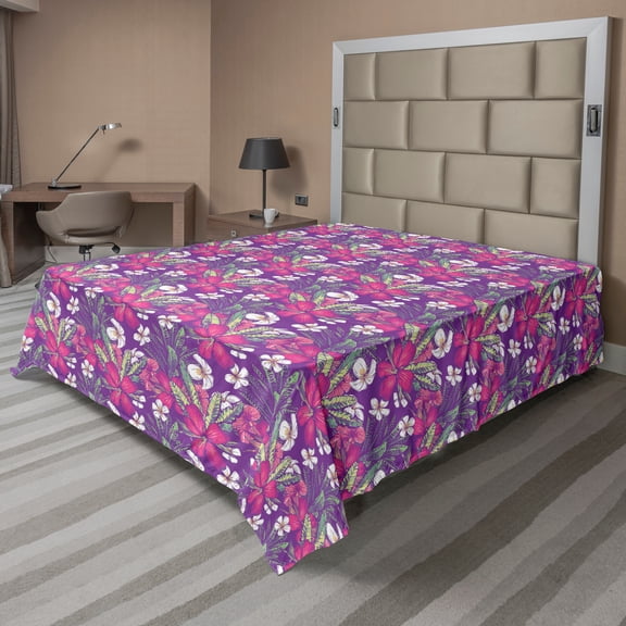 Ambesonne Floral Flat Sheet, Hibiscus White Flower Art, California King, Pink and Pale Green
