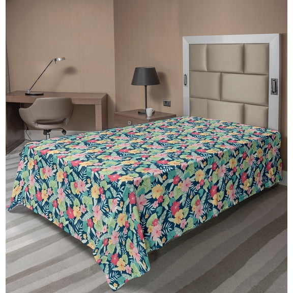 Ambesonne Floral Flat Sheet, Hibiscus and Leaves Graphic, Twin Size, Multicolor