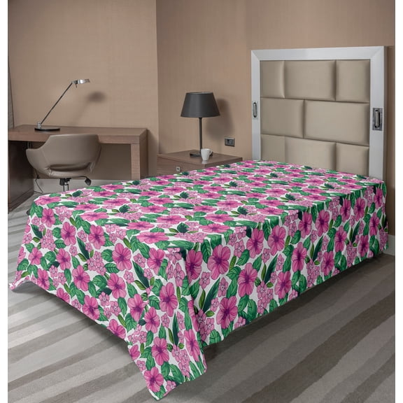 Ambesonne Floral Flat Sheet, Hibiscus and Plumeria Art, TwinXL Size, Pale Pink Hunter Green