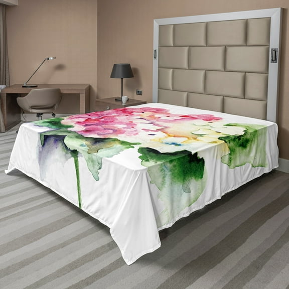 Ambesonne Floral Flat Sheet, Hydrangea Flower Bouquet, Full Size, Forest Green Yellow Pink