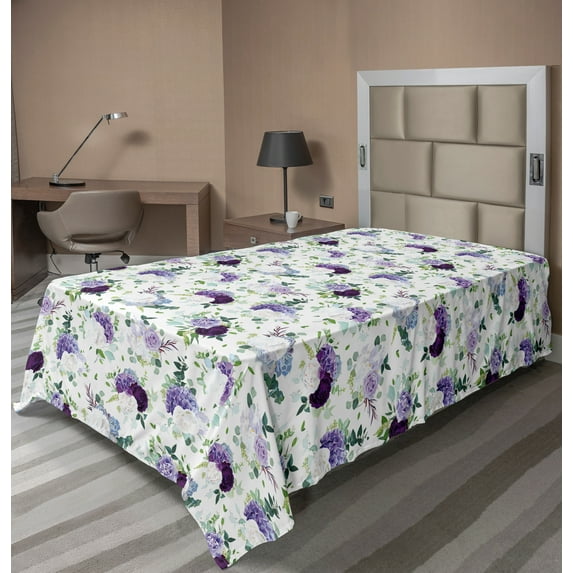 Ambesonne Floral Flat Sheet, Hydrangea Rose Iris Flowers, Twin Size, Plum Blue Violet