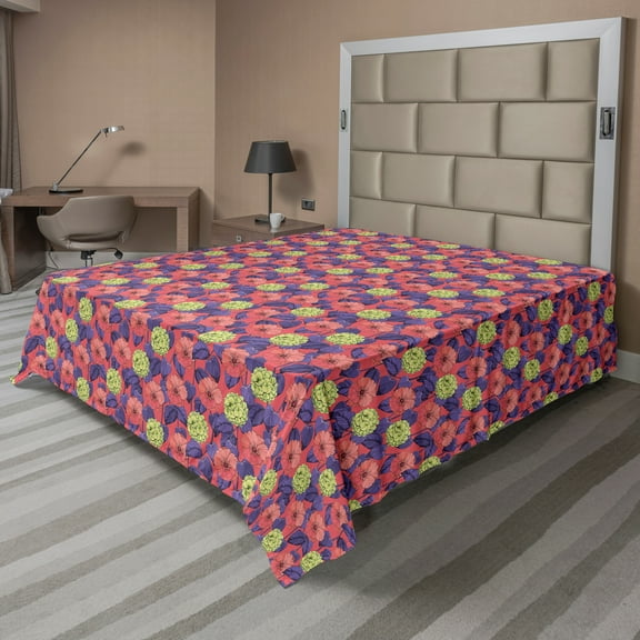 Ambesonne Floral Flat Sheet, Hydrangea and Mallow Flowers, King Size, Coral Blue Violet Green