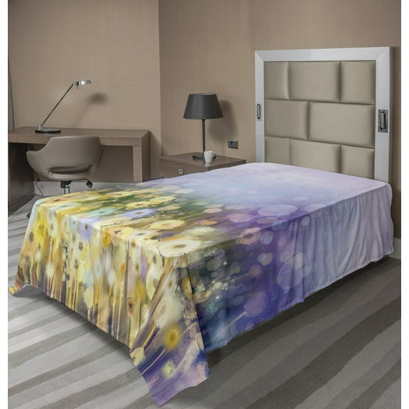 Ambesonne Floral Flat Sheet, Idyllic Pastoral Flower, TwinXL Size, Yellow Purple